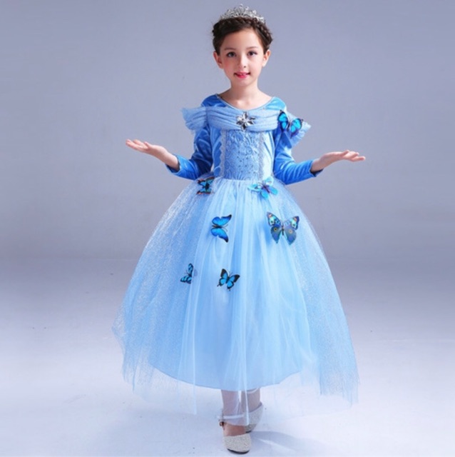 Váy công chúa Lọ Lem Cinderella dài tay cho bé từ 15-26kg. váy có kèm 10 bướm.