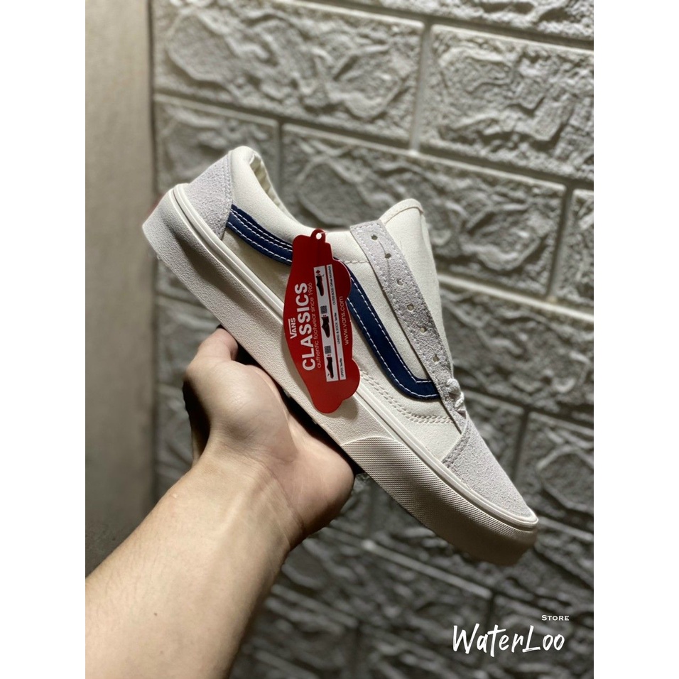 Giày Vans Style 36 Màu Trắng Kem Vạch Xanh, Vans Classic Trắng Kem Kẻ Xanh Waterloo Shop