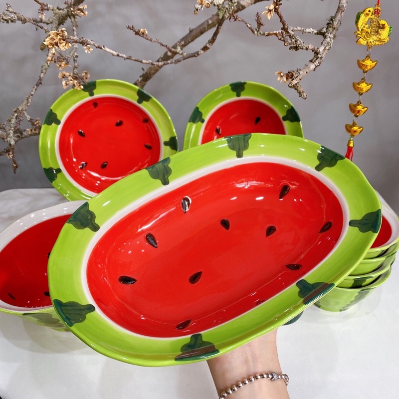 Bộ bát đĩa gốm sứ decor dưa hấu siêu đẹp