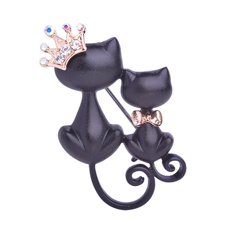 Ghim Cài Áo Hình Mèo Mẹ Và Con Gái Đội Vương Miện Đính Pha Lê Đen Mịn Màng