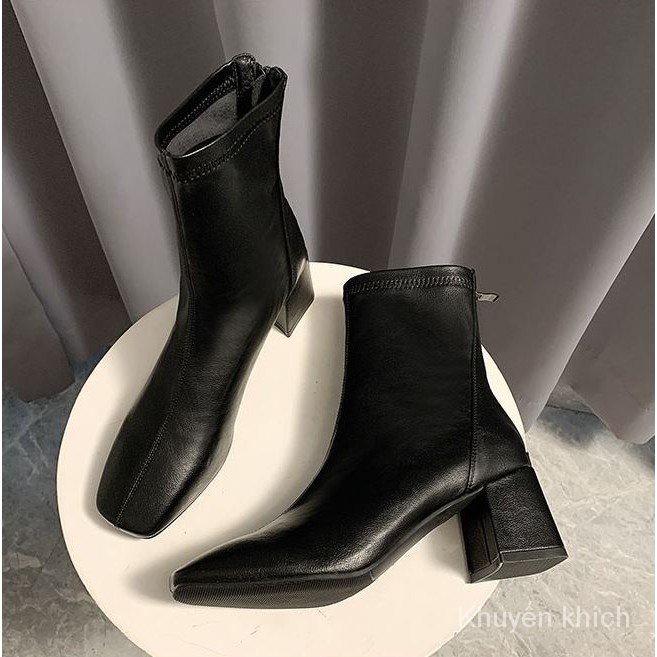 Giày bốt da mềm cao cấp mũi vuông phối khóa cài sau thời trang 2021WOMEN'S