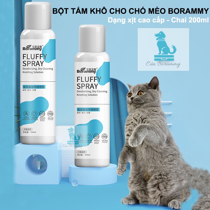 Xịt tắm khô nước hoa cho chó mèo Borammy -  Xịt khô dạng sương khử mùi dưỡng lông cho thú cưng 200ml