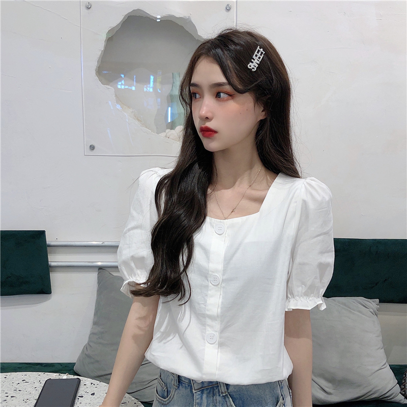 SUXI Áo tay ngắn cổ vuông thời trang Pháp đáng yêu cho nữ