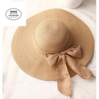 Mũ cói ( Nón cói) vành rộng phối nơ vải bố  xinh xắn(SH8)