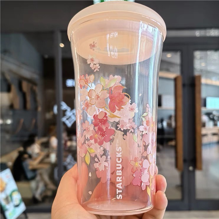 Ly cốc thủy tinh Starbucks  Sakura hồng nắp trượt  Dung tích 473ml