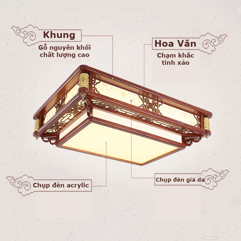 Đèn ốp trần hình Vuông viền gỗ trang trí nội thất phòng khách, phòng ngủ mã 2682 - Đèn Phương Anh