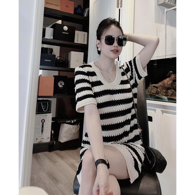 Váy len mongtoghi nữ thun tăm họa tiết kẻ sọc trẻ trung năng động áo ngắn tay màu đen và trắng A12