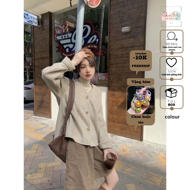 Áo Khoác Dạ -  Áo khoác lông thỏ cổ tim nữ 2 màu SanDi
