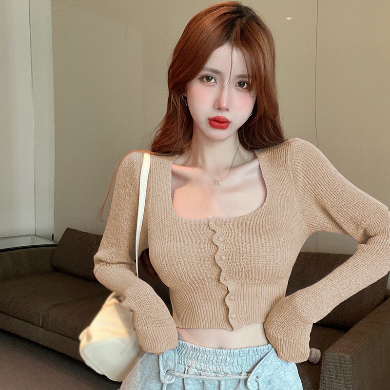 Áo Croptop Dệt Kim Tay Dài Cổ Vuông Màu Sắc Đơn Giản Phong Cách Hàn Quốc