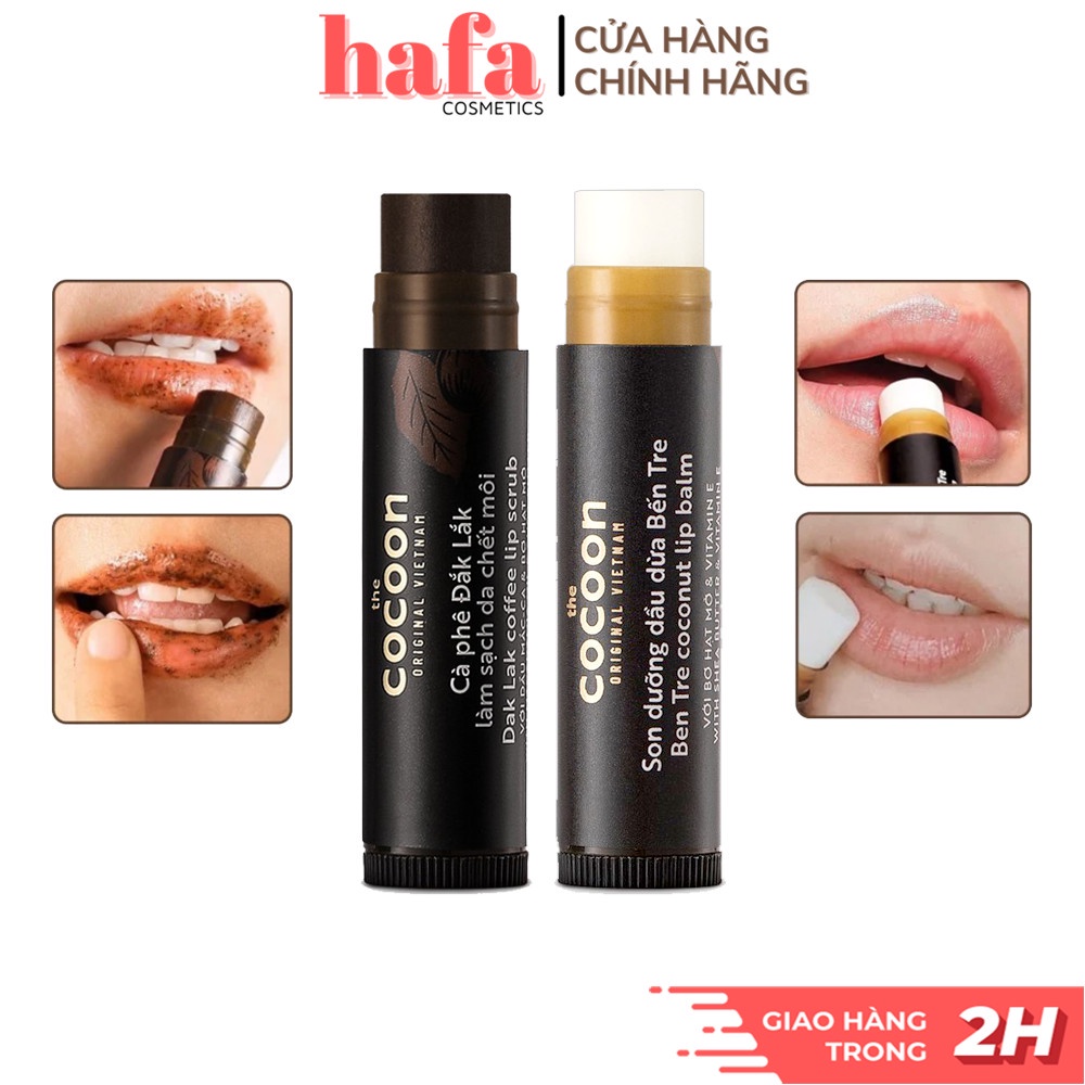 Combo Tẩy da chết môi cà phê Đăk Lăk Cocoon 5g + Son dưỡng dầu dừa Bến Tre Cocoon 5g