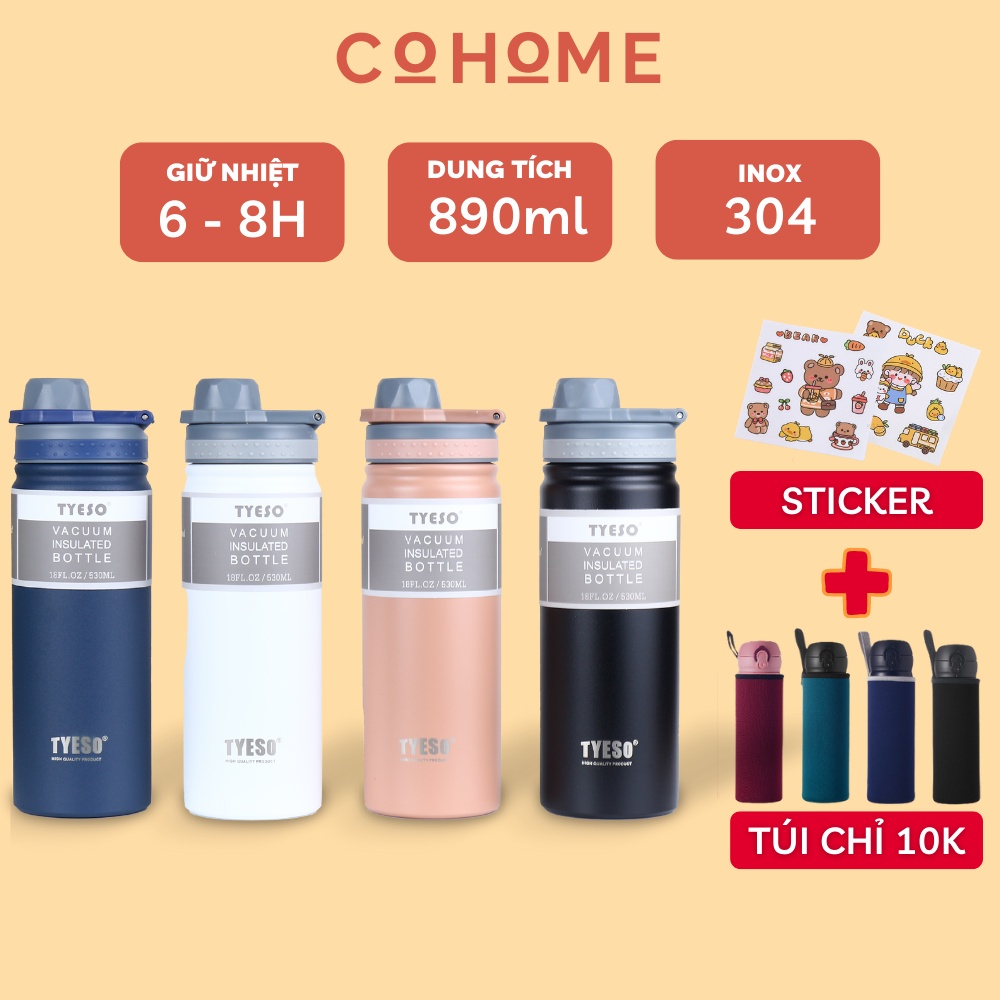 Bình giữ nhiệt TYESO 750ml có quai xách, inox 304 cao cấp, giữ nhiệt nóng - lạnh 8H