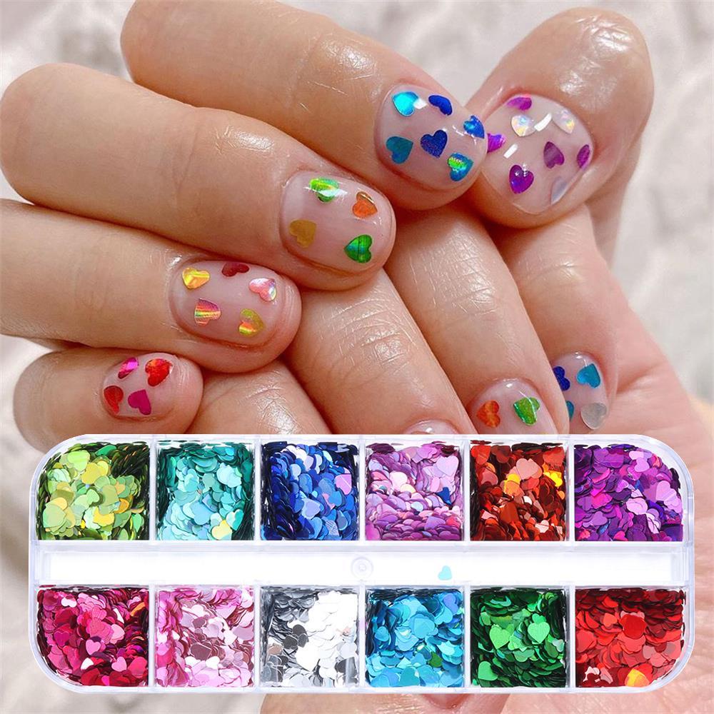 Hộp Phụ Kiện Trang Trí Móng Nghệ Thuật 12 Ngăn Họa Tiết Trái Tim Lấp Lánh 3D