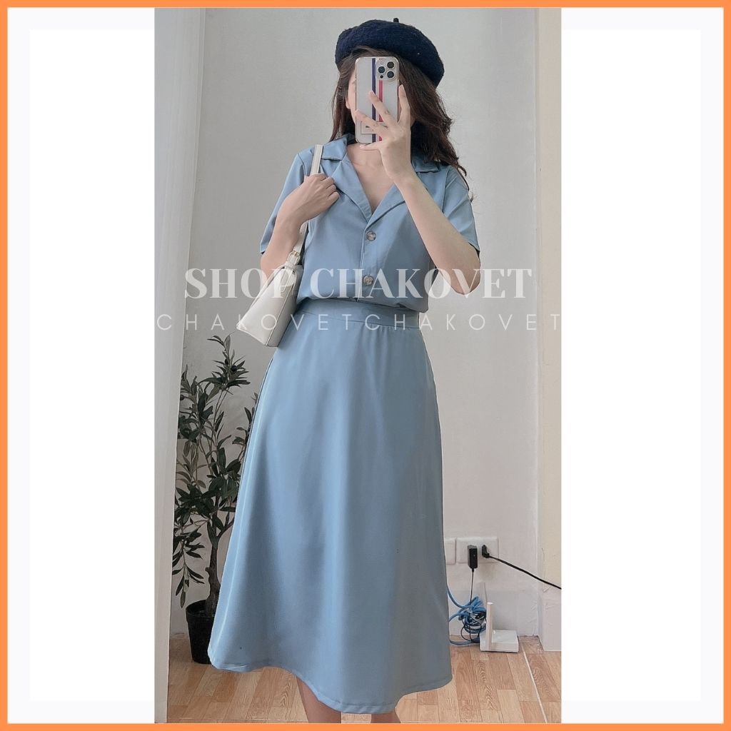 Set áo sơ mi nữ và chân váy S8204, kiểu áo sơ mi cộc tay cổ vest màu xanh , be mix với chân váy dài siêu xinh