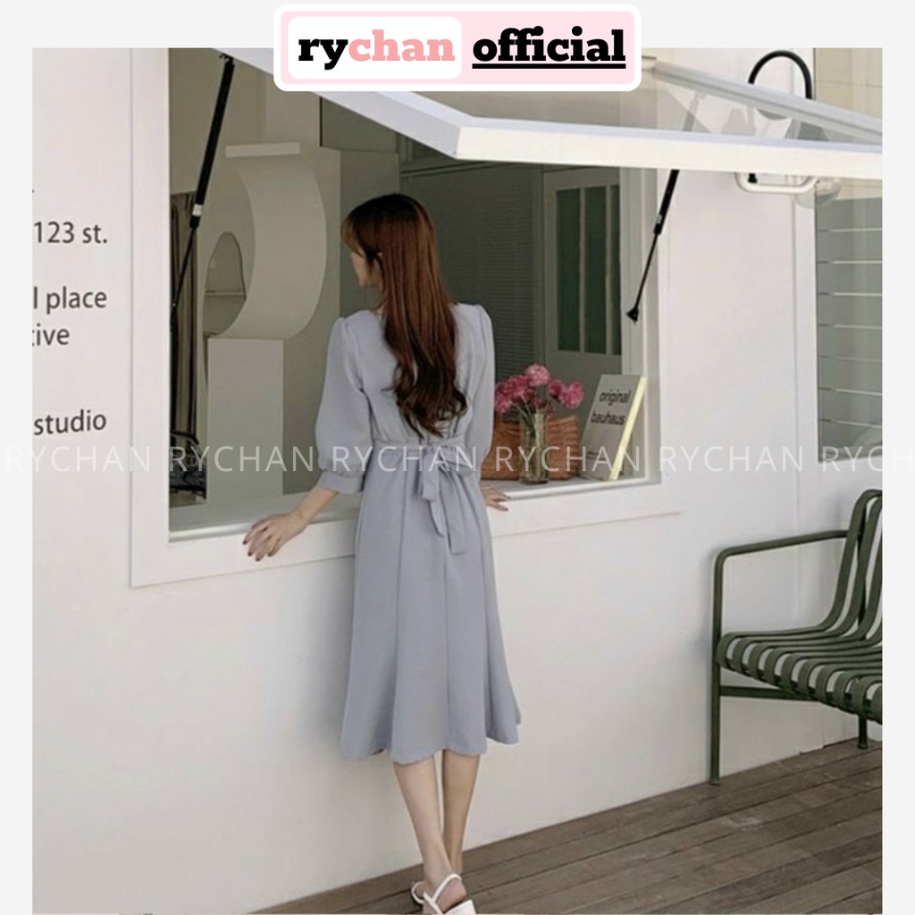 Đầm Xòe Midi Cổ Vuông Dài Tay Cột Eo 2 Màu  - DX0064