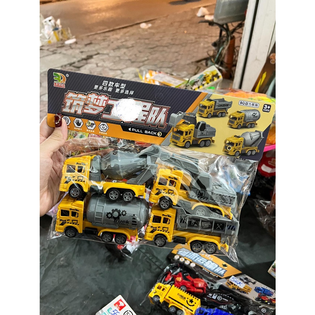 Túi Xe Đồ Chơi 4 Chiếc xe Công Trình - Xe Ben - Xe Trộn Bê Tông - Xe Bồn - Xe Cẩu