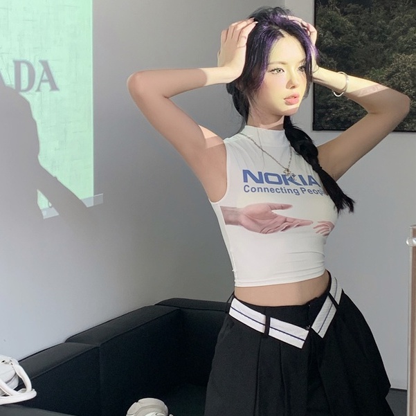 QKOOLE Áo croptop  không tay cổ cao in họa tiết nokia thời trang Hàn Quốc cho nữ
