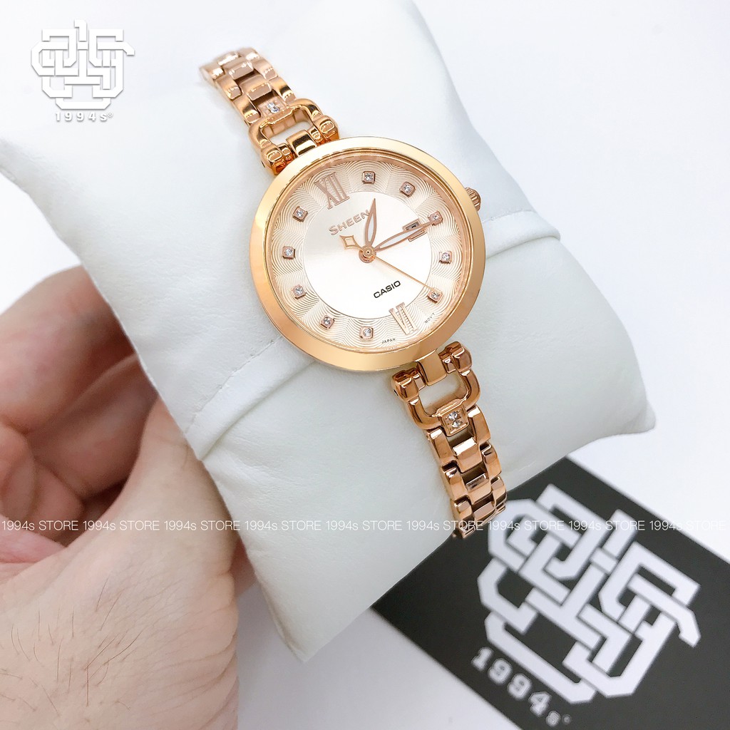 Đồng hồ nữ Casio Sheen SHE-4055 / SHE-4055PG-4A dây thép không gỉ, chống nước 50m, size 30mm, hàng chính hãng