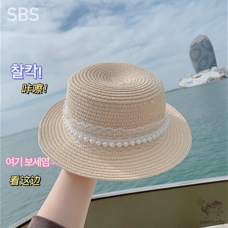 Mũ Cói Phối Ren Đính Ngọc Trai Giả Kiểu Hàn Quốc Xinh Xắn Cho Bé Gái