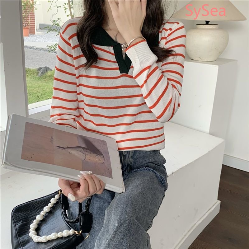 Áo Polo Dệt Kim Kẻ Sọc Kiểu Vintage Thời Trang Mùa Thu Cho Nữ