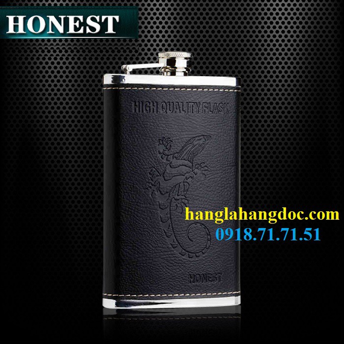 Bình đựng rượu inox Honest 10oz bọc da, hoa văn tắc kè sang trọng &amp; độc đáo