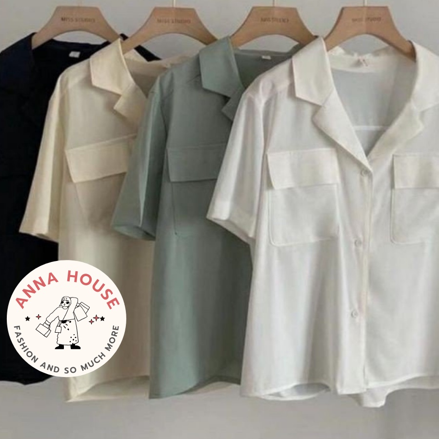 Áo sơ mi nữ cổ vest cộc tay form rộng túi nắp ngực, Áo sơ mi nữ cổ vest V tay ngắn dáng dài rộng màu trơn Hàn Quốc