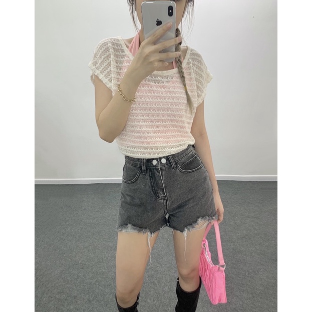 Áo dệt kim lưới tay ngắn cổ tròn mix áo yếm tròng cổ màu hồng cá tính/ Meadow ✨