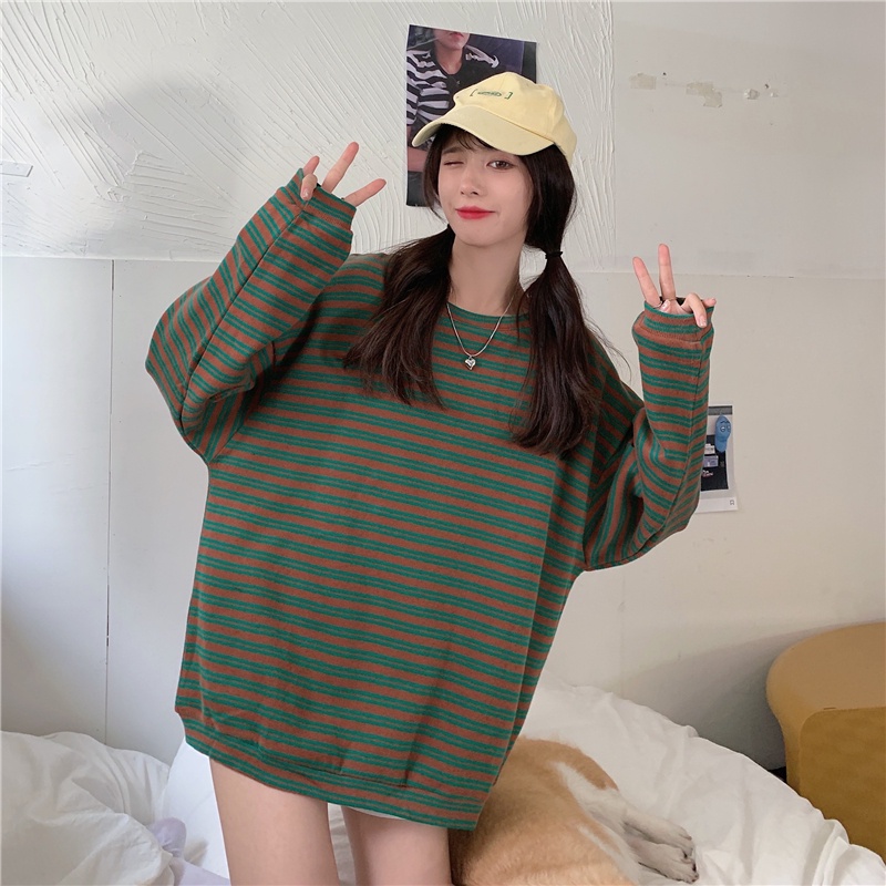 Áo Thun Nữ Tay Dài Kẻ Sọc Ngang Thời Trang Hàn Quốc Xinh Xắn