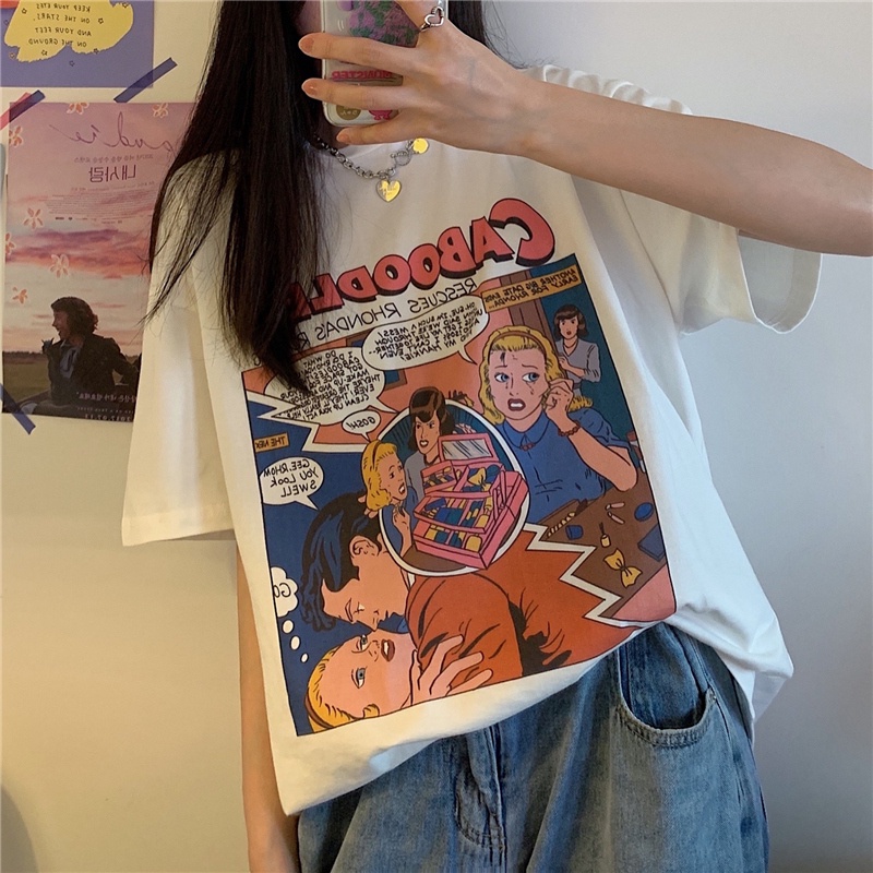 SUXI Áo Thun Tay Ngắn Cổ Tròn Form Rộng In Họa Tiết Nhân Vật Đơn Giản Thời Trang Mùa Hè Cho Nữ