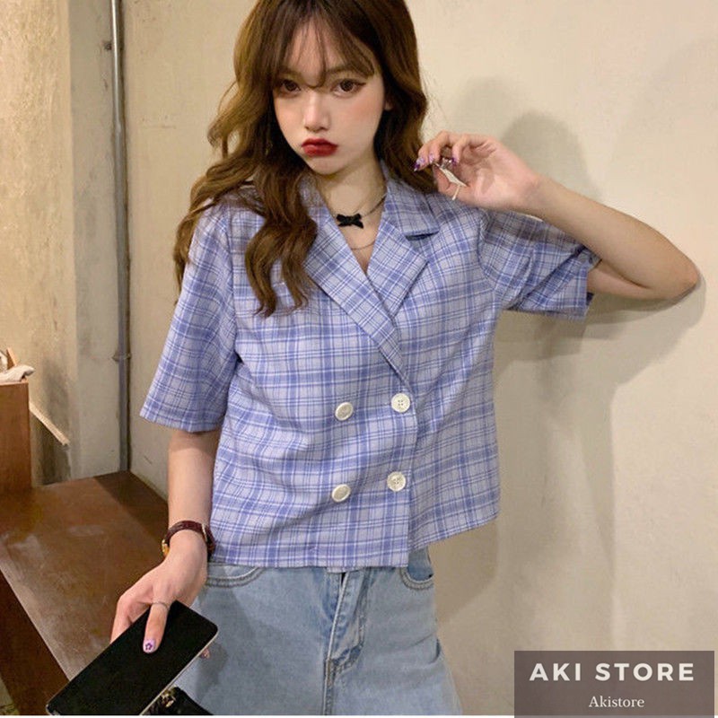 Áo Khoác Blazer Tay Ngắn Dáng Rộng Họa Tiết Sọc Caro Thời Trang Mùa Hè Phong Cách Hàn Quốc 2021 | BigBuy360 - bigbuy360.vn