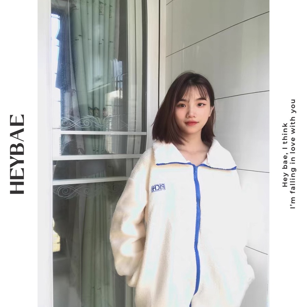 Áo khoác lông cừu oversize Puff HEYBAE thêu chữ khoá kéo dài tay mùa đông siêu ấm áo khoác ngoài cho nữ AK007