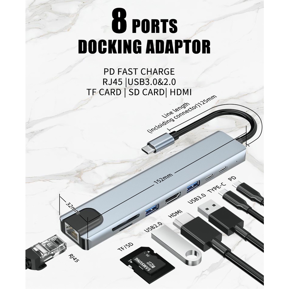 Bộ Chuyển Đổi USB C HD 6 Trong 1 Type-C Sang HDMI 4K USB 3.0 SD TF PD Cho Macbook Huawei HUB