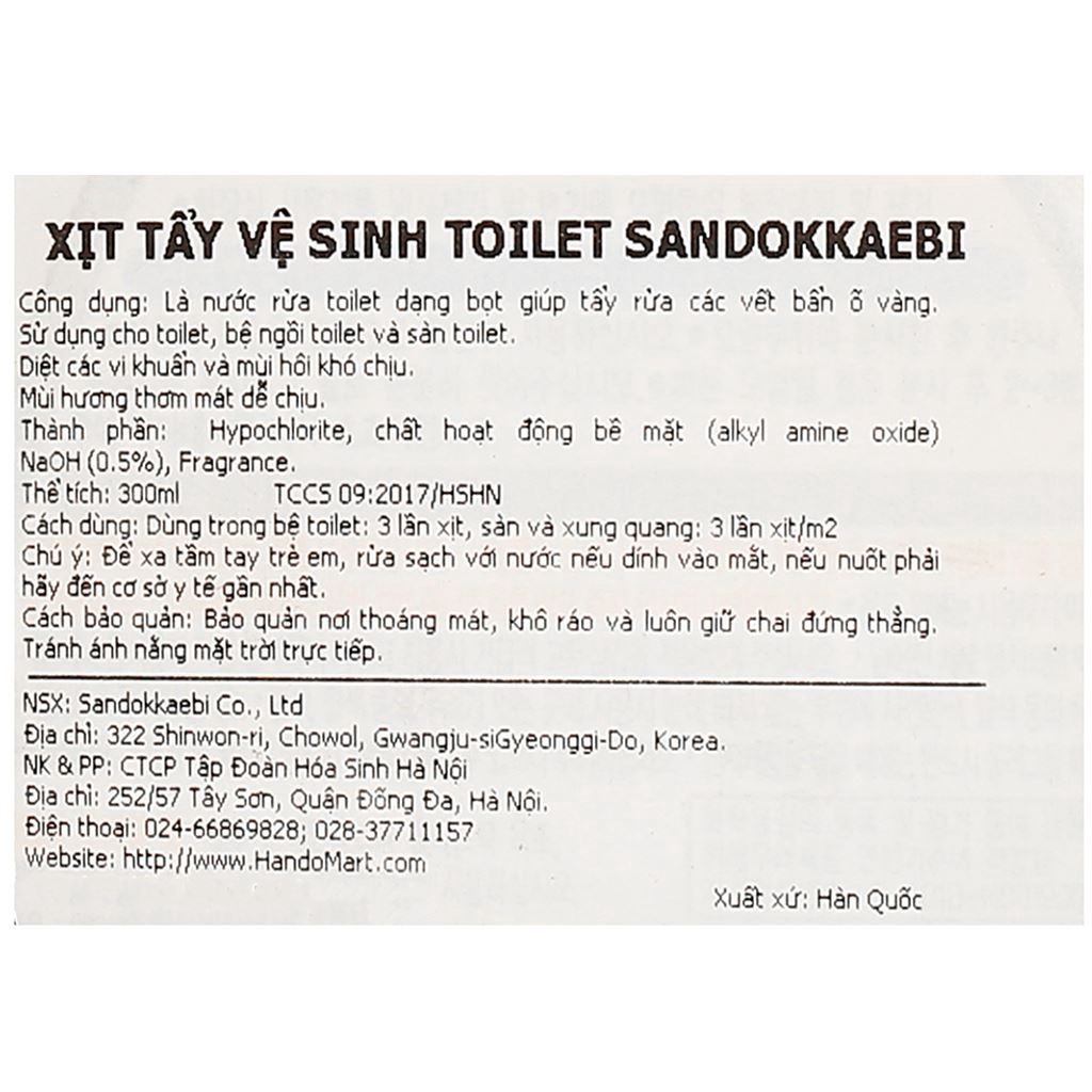 Chai xịt tẩy vệ sinh bồn cầu toilet Sandokkaebi Hando 300ml