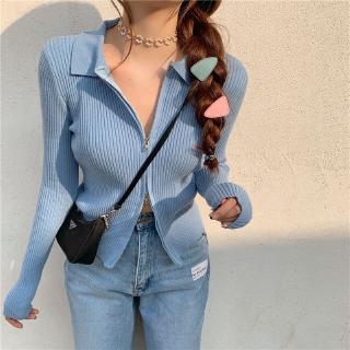 Áo Cardigan Dệt Kim Dáng Ngắn Tay Dài Màu Trơn Có Khoá Kéo Hợp Thời Trang
