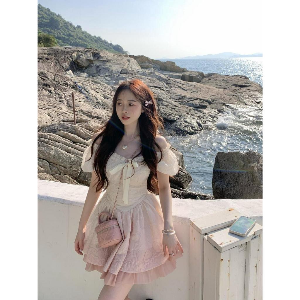 Lalisas Đầm Công Chúa Ngắn Ôm Eo Tay Phồng Cổ Vuông Thay Đổi Màu Sắc Theo Phong Cách Kỳ Nghỉ