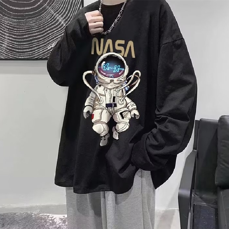 Áo Thun Tay Dài Cổ Tròn Dáng Rộng In Hình Phi Hành Gia Kiểu Hip-Hop Đường Phố Cho Nam Cỡ Lớn M-5XL
