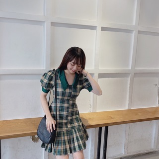 Đầm sơ mi caro xanh tay búp đuôi cá nhẹ