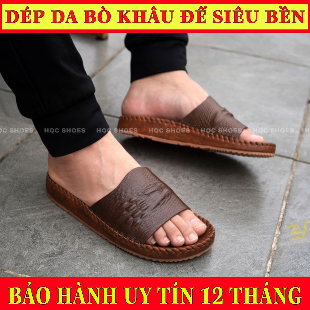 Dép nam quai ngang da bò thật bảo hành 1 năm kiểu dáng quai ngang dập vân cá sấu - Mã T192