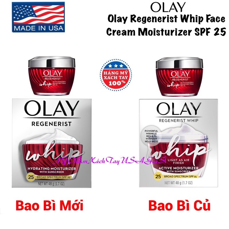 [HàngMỹ] Kem dưỡng chống lão hóa, Chống nắng ban ngày Olay Regenerist Whip Hydrating Moisturizer SPF25 Hộp 48g