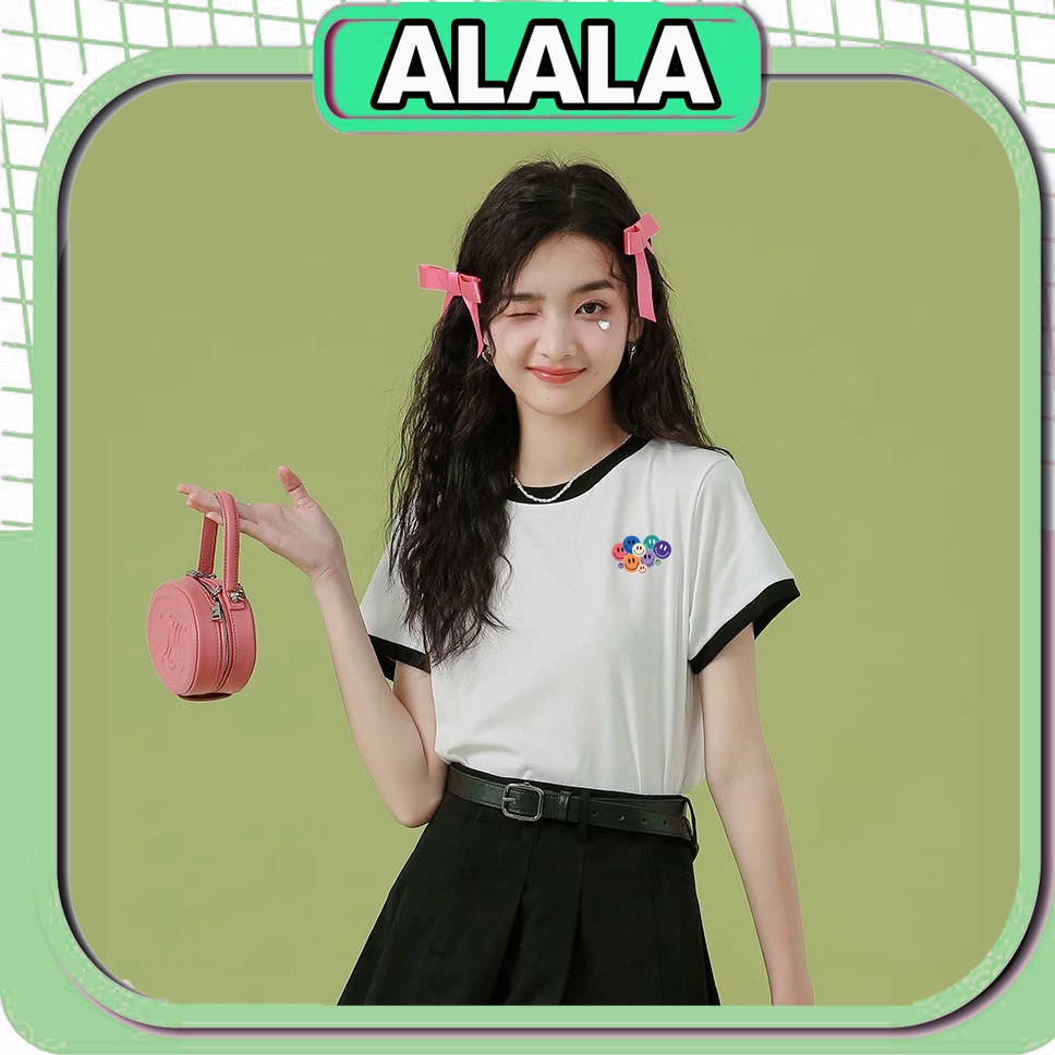 Áo thun nữ tay ngắn in mặt cười ALALA viền đen xanh cổ tay dáng ôm ngắn chất cotton chính hãng