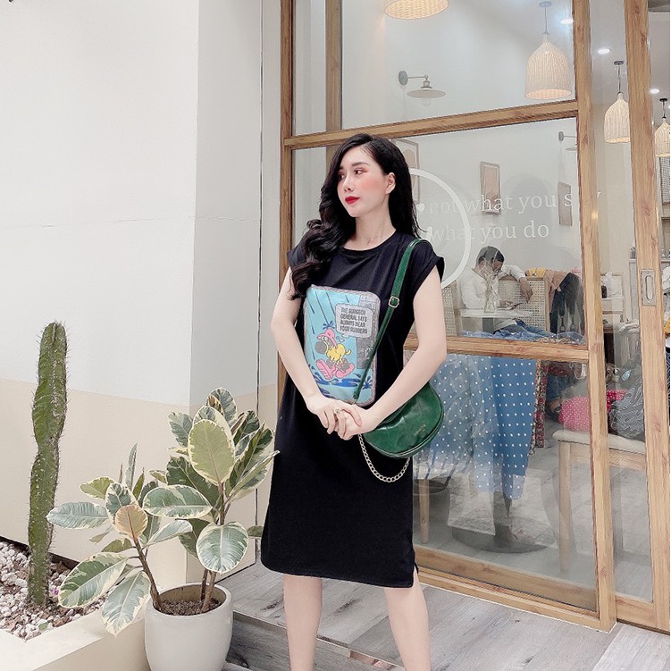 Váy Suông Dáng Dài Đầm Cổ Tròn Họa Tiết Chú Chó Mũi Hồng Chất Cotton Co Dãn
