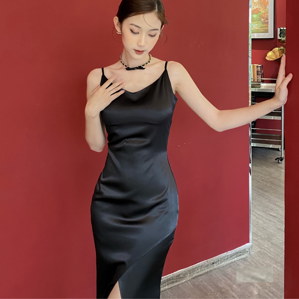 Đầm nữ 2 dây thiết kế ALYA váy xẻ tà thời trang dự tiệc cao cấp chất phi lụa hot 2022 D06