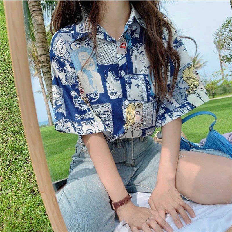 Áo Sơ Mi Tay Ngắn Dáng Rộng Phong Cách Truyện Tranh Thời Trang Hàn Quốc Dễ Phối Đồ