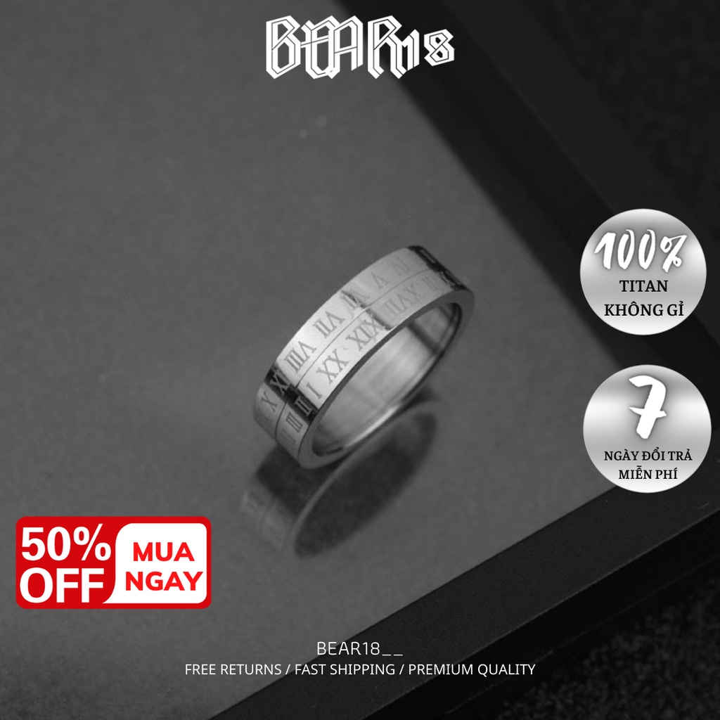 Nhẫn nam khắc số la mã màu bạc, chất liệu thép titan không gỉ unisex phù hợp cho nam và nữ BEAR18 - NHAN9