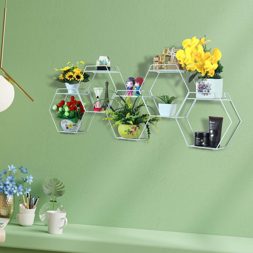 Kệ trang trí tường hình lục giác bằng kim loại chắc chắc, tặng kèm đinh treo, không cần khoan đục
