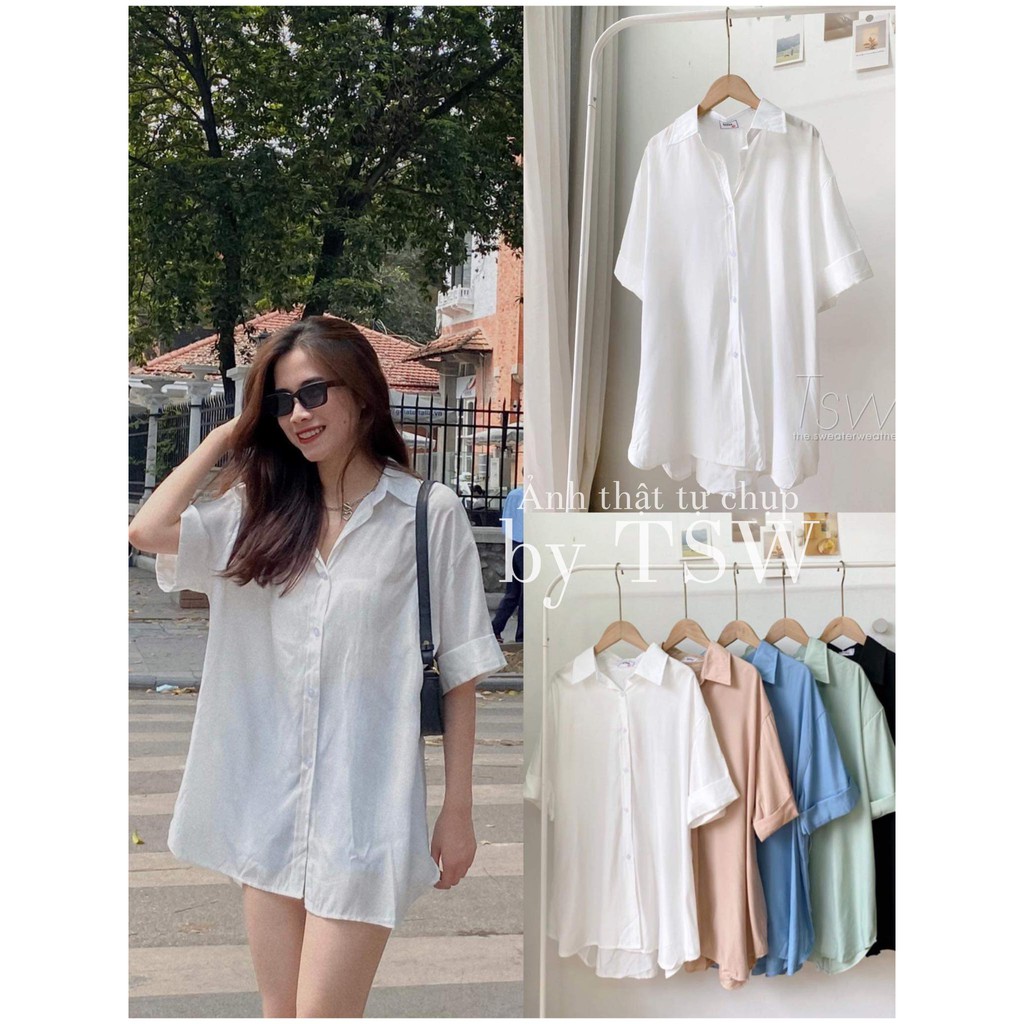 Áo sơ mi voan lụa tay gập oversize (Ảnh thật)