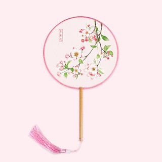 Quạt tròn cổ trang cầm tay cán dài M65 hoa bỉ ngạn phong cảnh ngày xuân thiếu nữ gắn dây tuyến