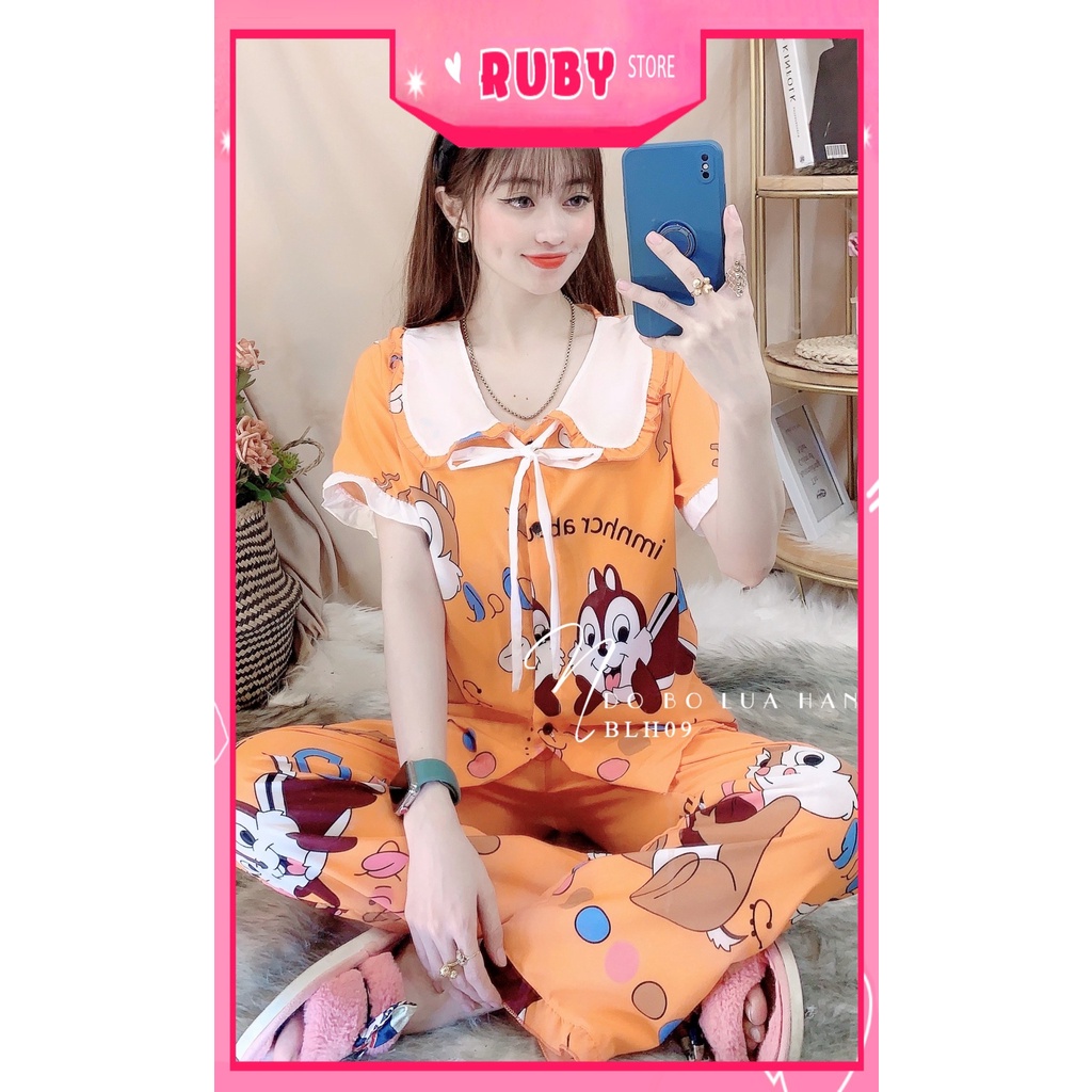Đồ bộ nữ mặc nhà cổ tiểu thư chất kate lụa mềm mịn mát in hình hoạt hình dễ thương BLH09