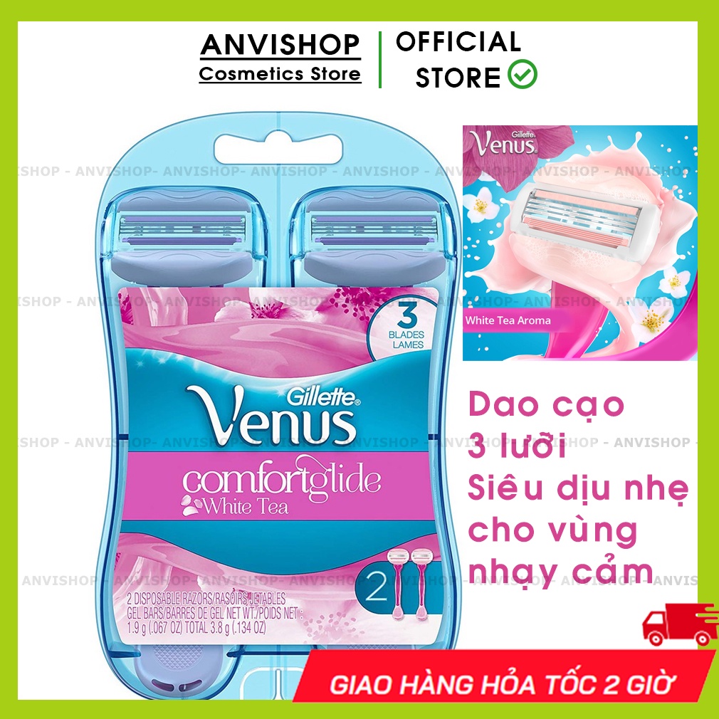 Dao cạo đầu bơ Venus/Bộ dao cạo nữ Gillette Venus Comfortglide White Tea (dùng cho vùng nhạy cảm/ Bikini) set 2 dao cạo
