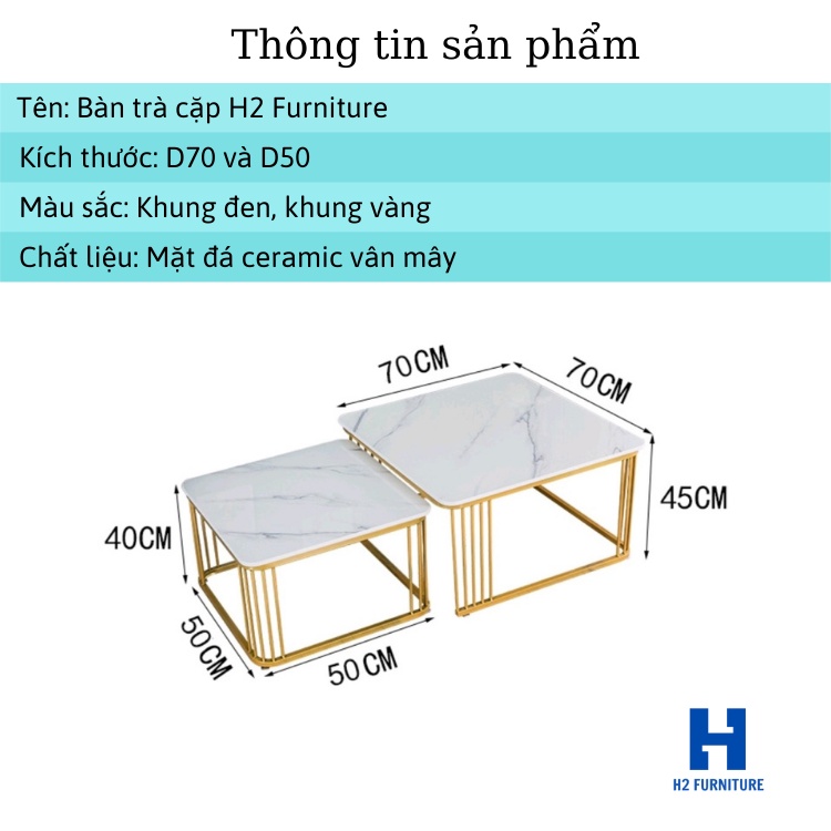 Bàn trà đôi sofa H2 Furniture mặt đá vân mây 3D khung kim loại sơn tĩnh điện bền đẹp cho phòng khách, ban công