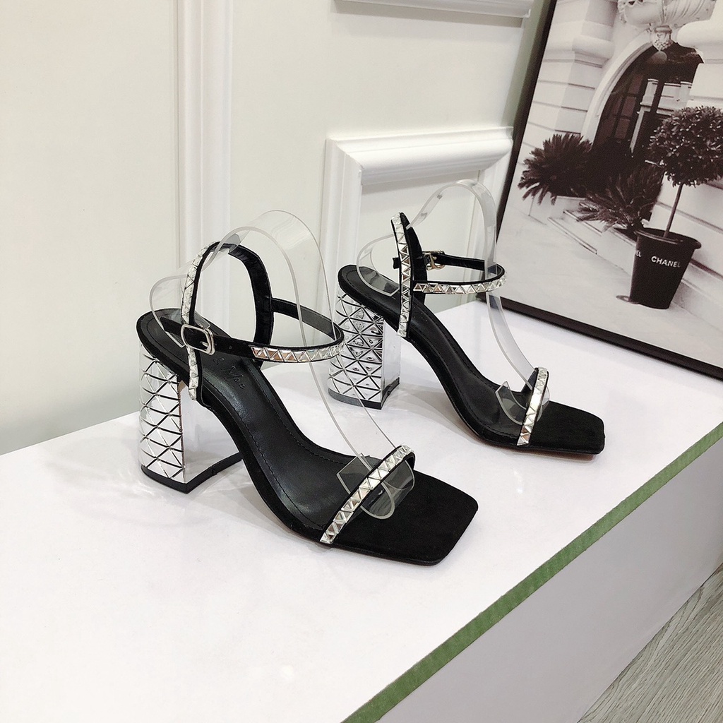 Sandal Cao Gót 9p Dây Quai Phối Viền Đá Gót Sáng Bạc Cực Sang Form Chuẩn - Xăng Đan Nữ Chị Chảnh Store